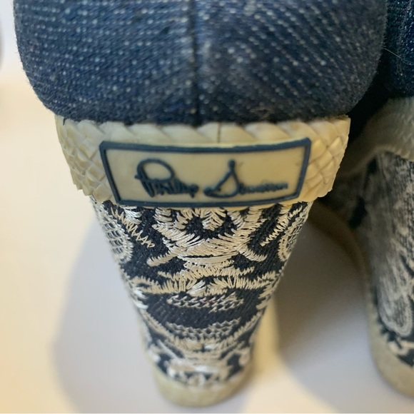 Philip Simon Blue Denim Embroidered Platforms with White Tie Bow - Picture 7 of 11